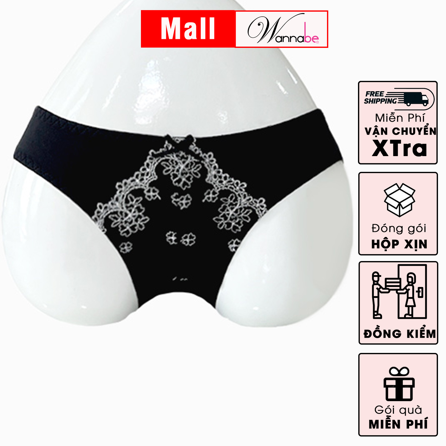 Quần lót cotton Wannabe ql318 phối ren hoa văn xin xắn