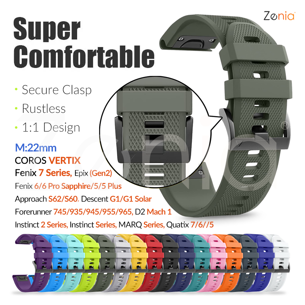 Zenia 22MM Super Comfortable Soft Silicone Watch Strap for Garmin MARQ Forerunner 945 LTE/935/955 965 Instinct Tictical/Esports Camo Surf dezl Fenix 7 6 Pro Sapphire Solar 5 Plus Quatix Descent G1 Approach S62/S60 D2 Mach 1 Delta Epix Gen 2 COROS VERTIX