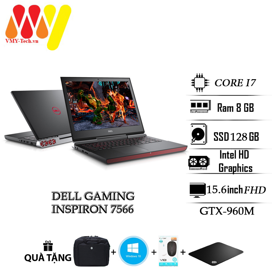 Dell 7566 gaming laptop with high configuration, core i7, 8gb ram, 128gb ssd hard drive + 500gb hdd, discrete vga card gtx 960m, 15.6 inch fullhd screen, gaming laptop