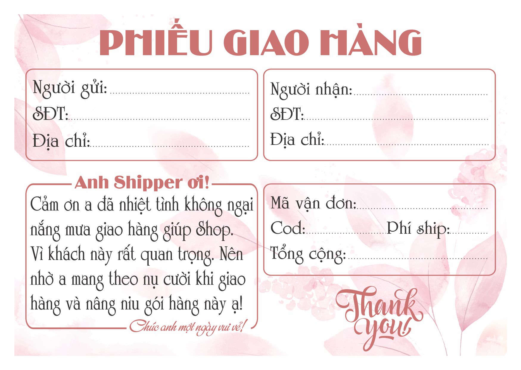 Set 50 Phiếu Ship Hàng Siêu Đẹp Size 10x15