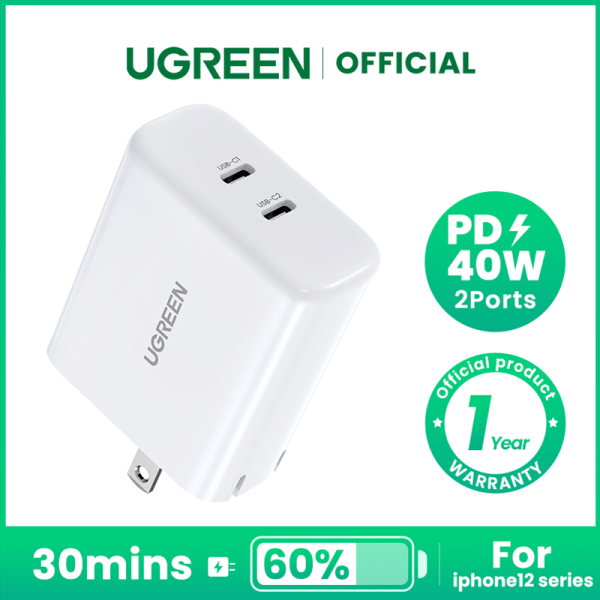UGREEN USB C Charger 40W PD Fast Charger, 2-Port 20W USB-C Power Adapter Foldable Plug Compatible for iPhone 13 Pro Max, iPhone SE/12 Pro Max XR, iPad Mini/Pro, Galaxy S20/S10/Note20