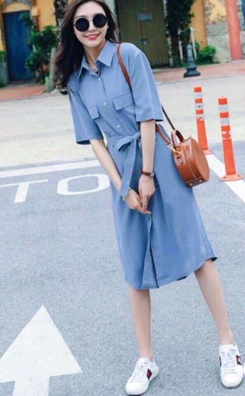 Đầm sơ mi xanh đậm túi hộp ( kèm ảnh thật)