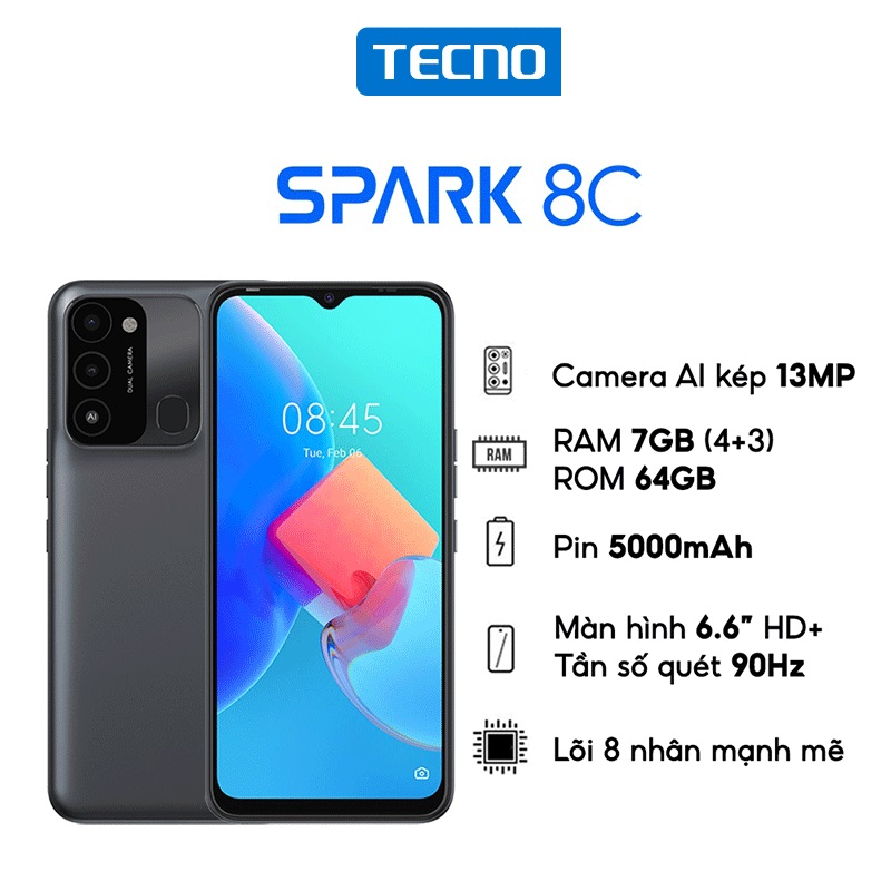 Điện thoại thông minh TECNO Spark 8C (4GB/64GB) - RAM tùy biến mở rộng tới 7GB (4+3) | Pin 5000 mAh | 6.6" HD+ 90Hz - Bảo hành chính hãng 13 tháng