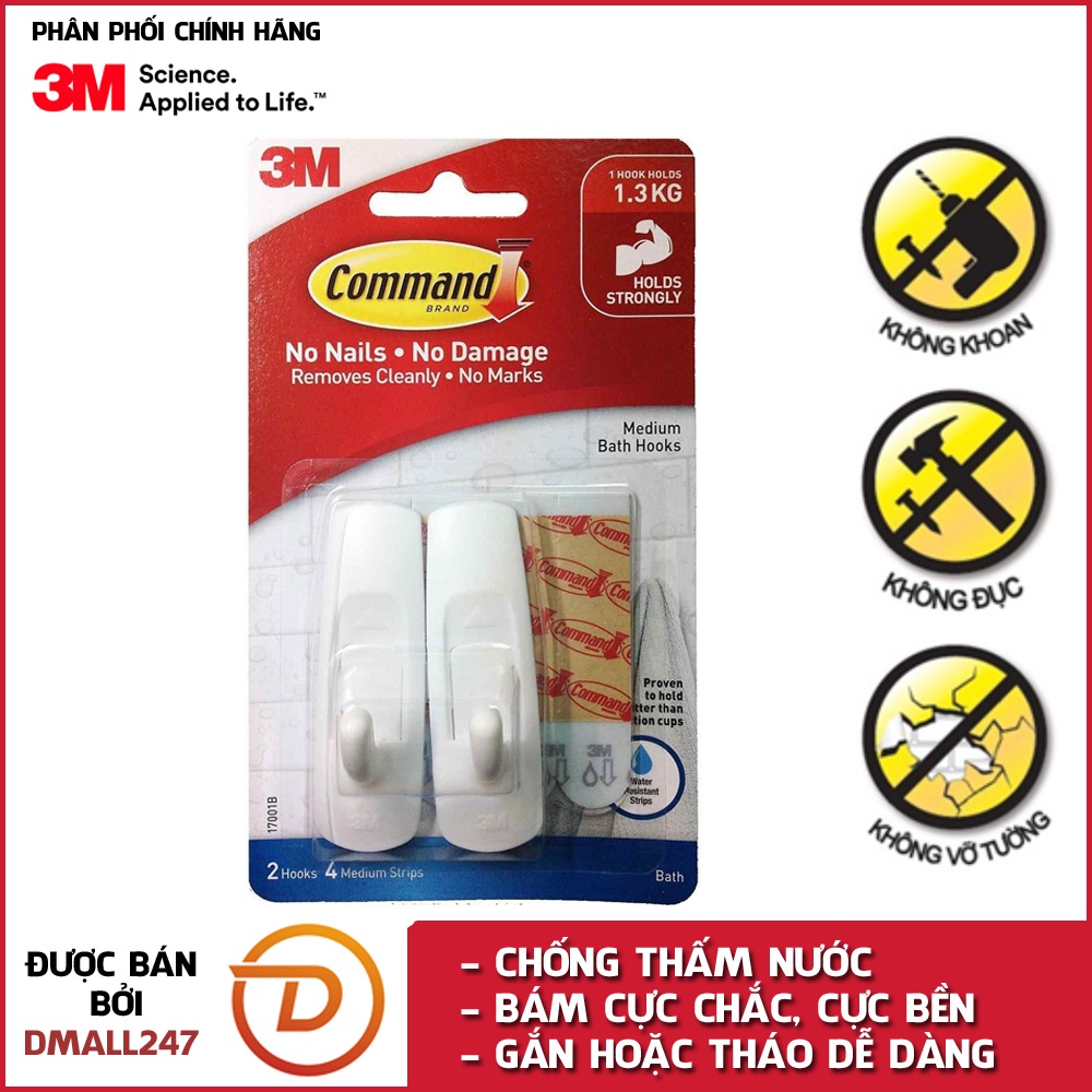 Bộ 2 móc treo tường cường lực siêu dính chống thấm nước 1.3kg Command 3M 17001B - Dmall247, móc dán tường, siêu dính, bền bĩ