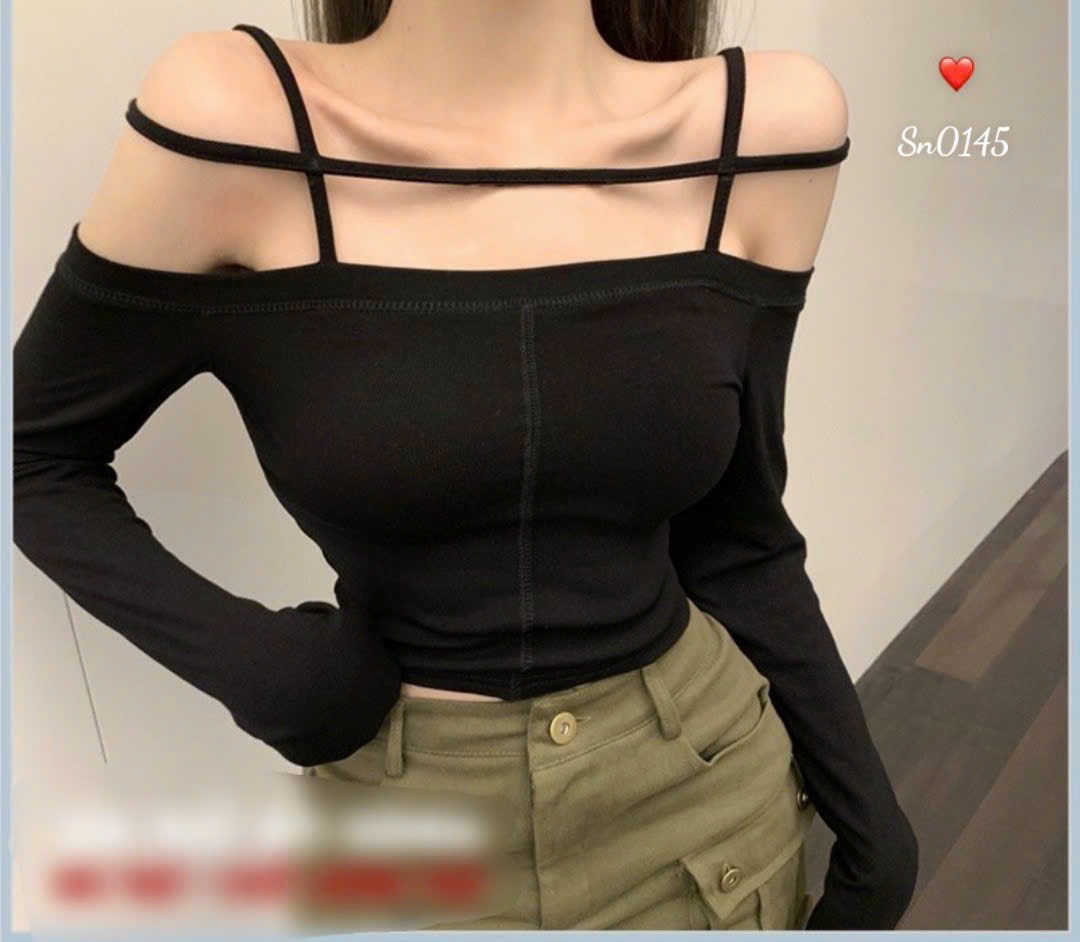 Áo thun dài tay trễ vai thun borip gomboutique77 , áo bẹt vai dây ngang thun borip