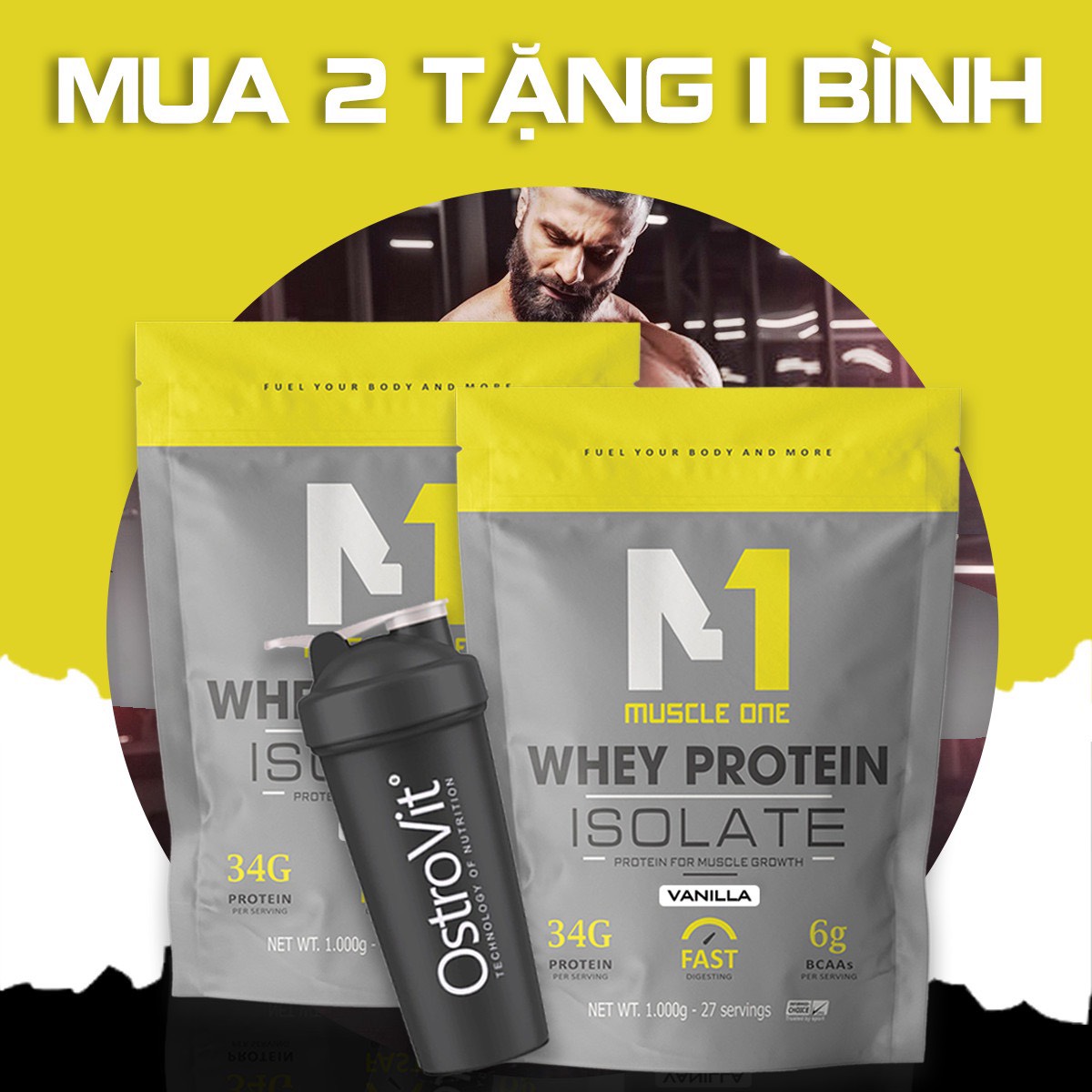 Sữa tăng cơ giảm mỡ, whey protein isolate MUSCLE ONE 2kg (combo 2 túi tặng quà)