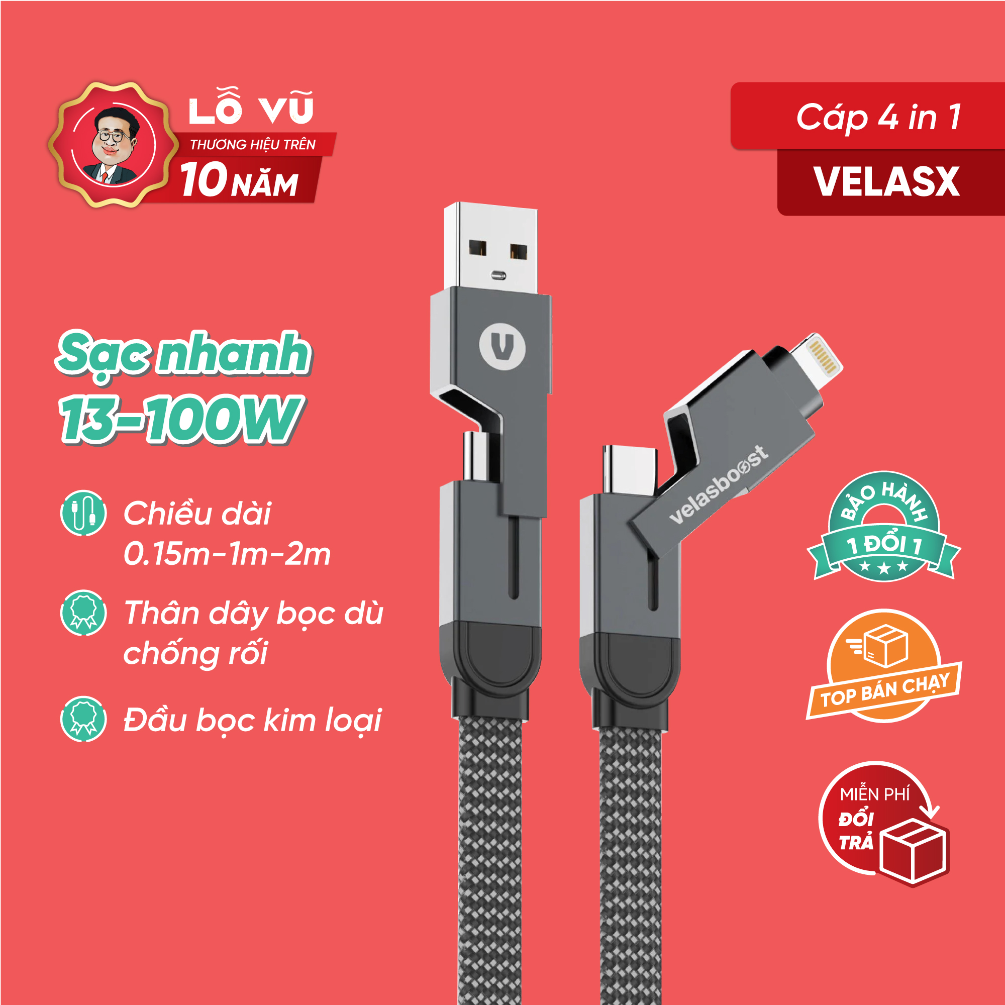 Cáp velasx 4 in 1, công suất 13w-100w, tích hợp 4 cổng: c to c, c to l, usb to c, usb to l