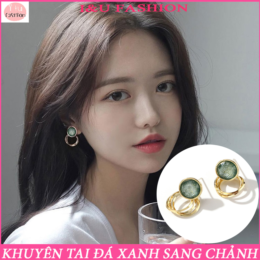 Bông tai Khuyên tai nữ khoen tròn đá xanh dáng ngắn nhỏ nhắn sang chảnh phong cách thời trang Hàn Quốc độc đáo KT-130