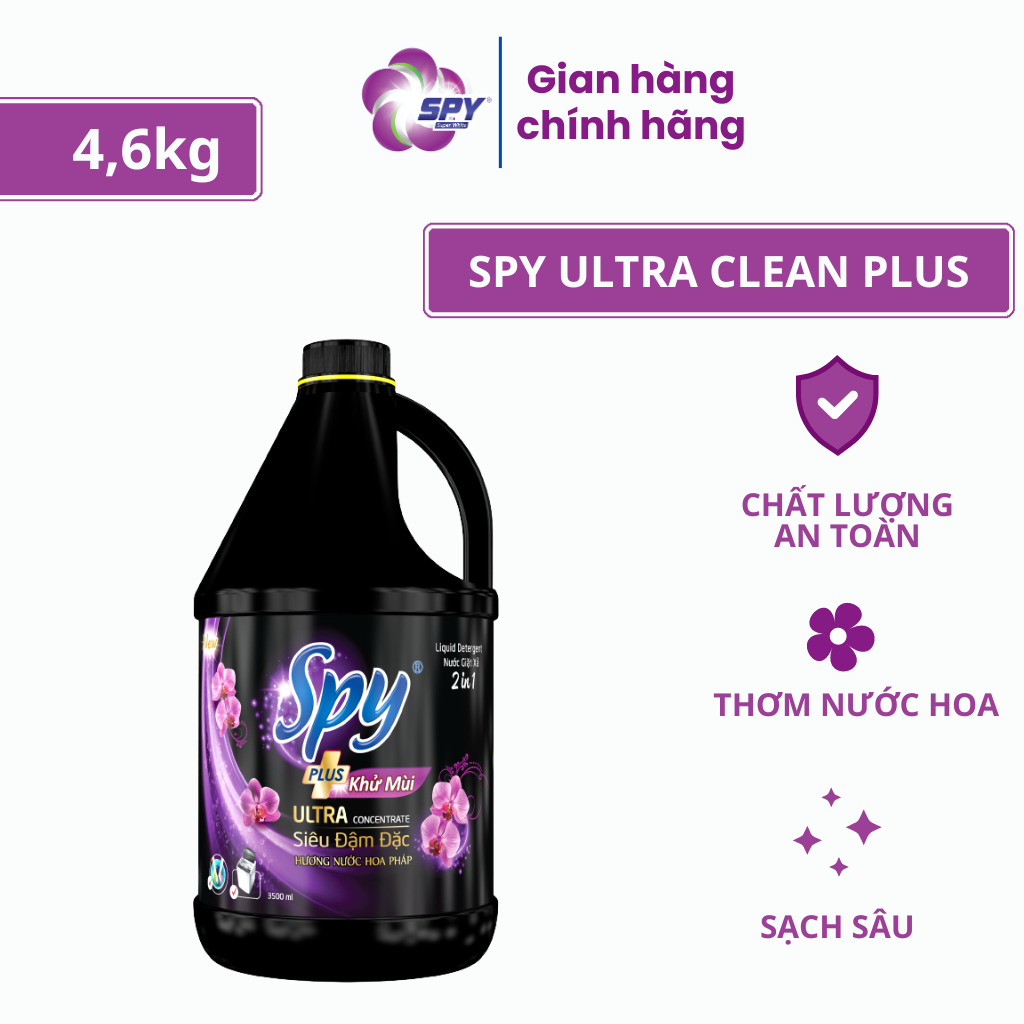 Nước giặt xả SPY Ultra Clean Plus hoa Tím 4,6kg 2 trong 1 Sạch sâu Thơm lâu Diệt khuẩn, khử mùi hôi