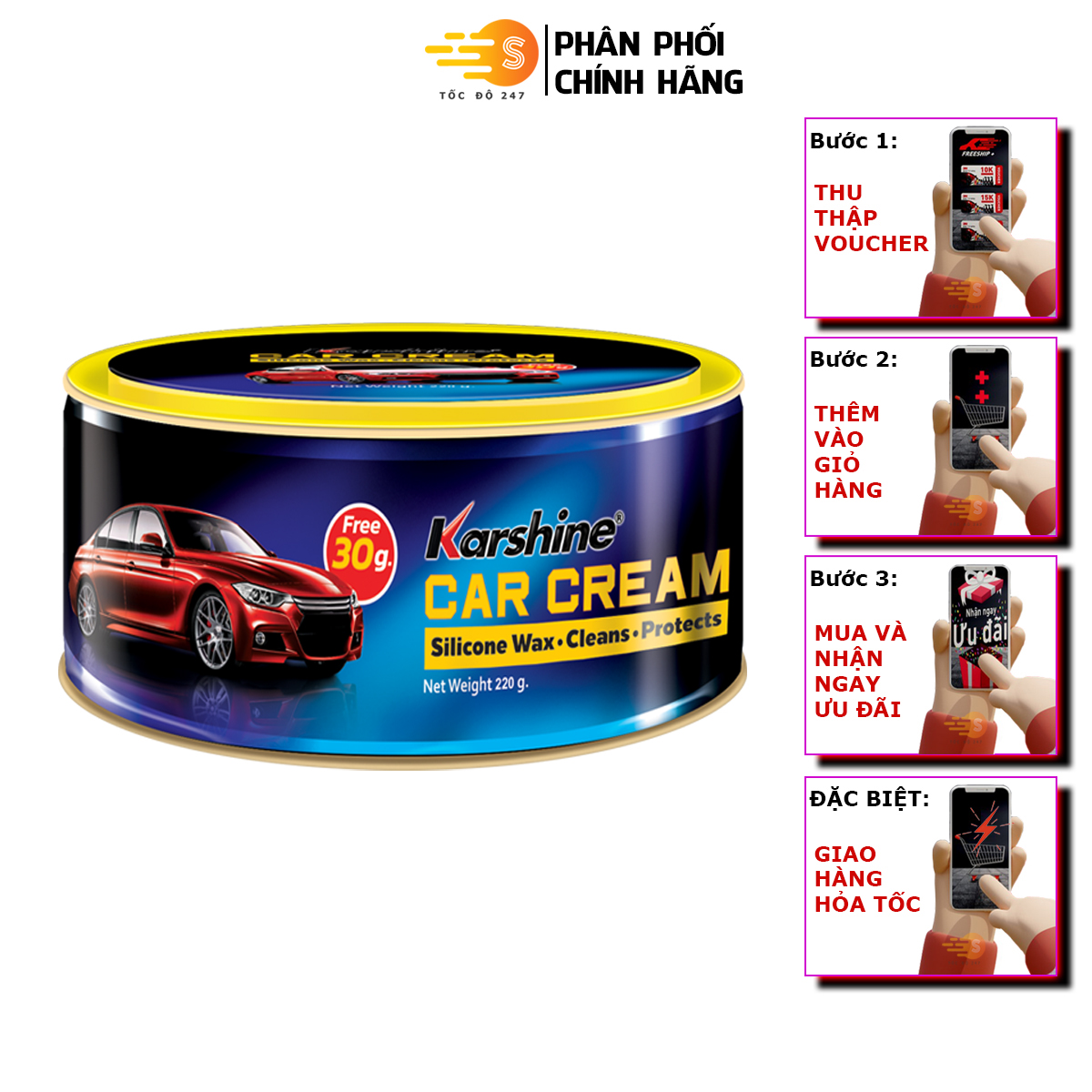 Kem đánh bóng sơn xe ô tô (Car Cream) Karshine 250g KA-CC250 - Tốc Độ 247, Phục hồi độ sáng màu sơn xe, xóa vết xước nhỏ, phục hồi màu sơn xe