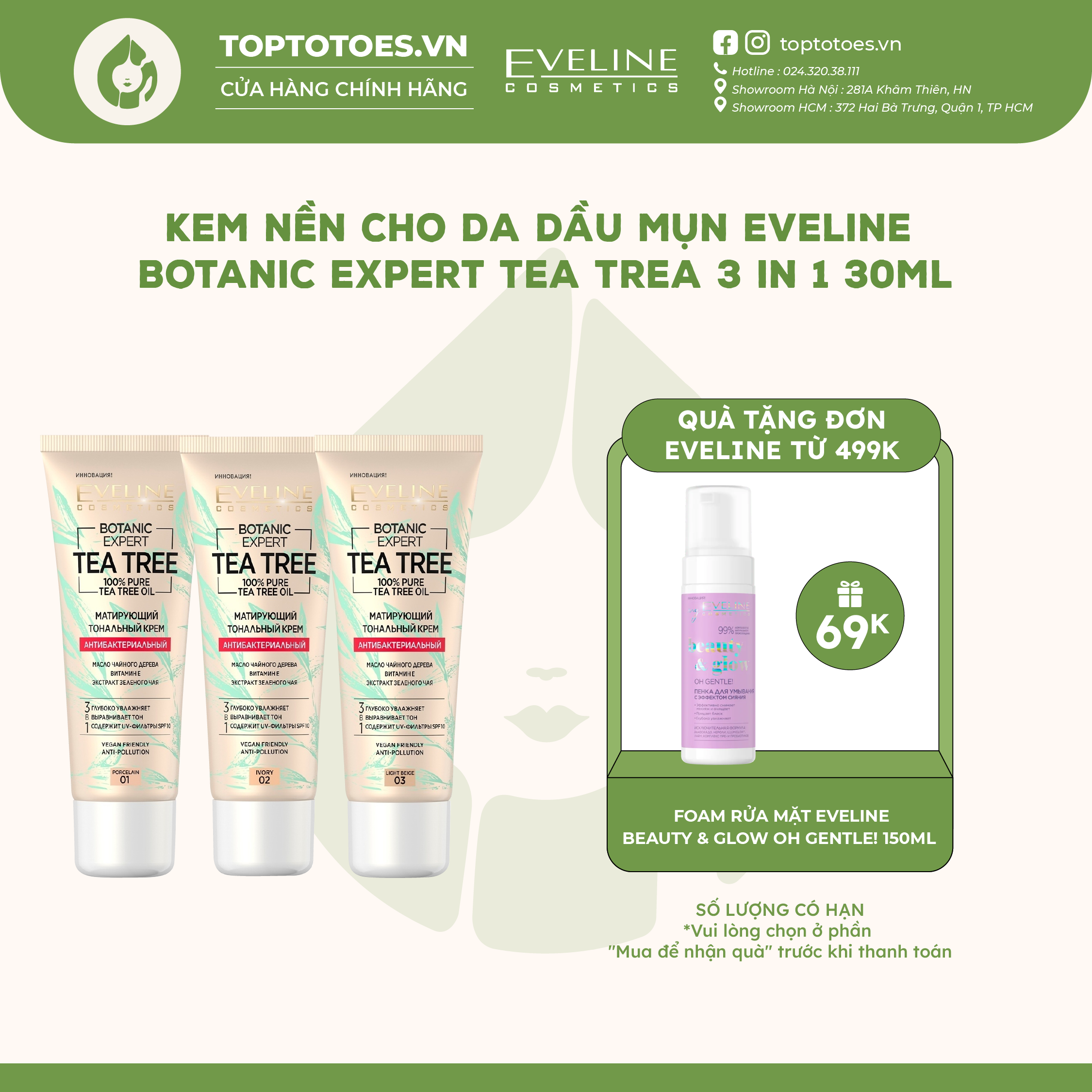 Kem nền cho da dầu mụn Eveline Botanic Expert Tea Tree 3 In 1 30ml
