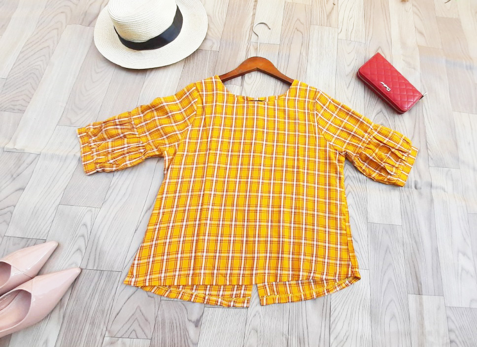 Áo sơ mi công sở nữ linen cổ tròn tay phồng