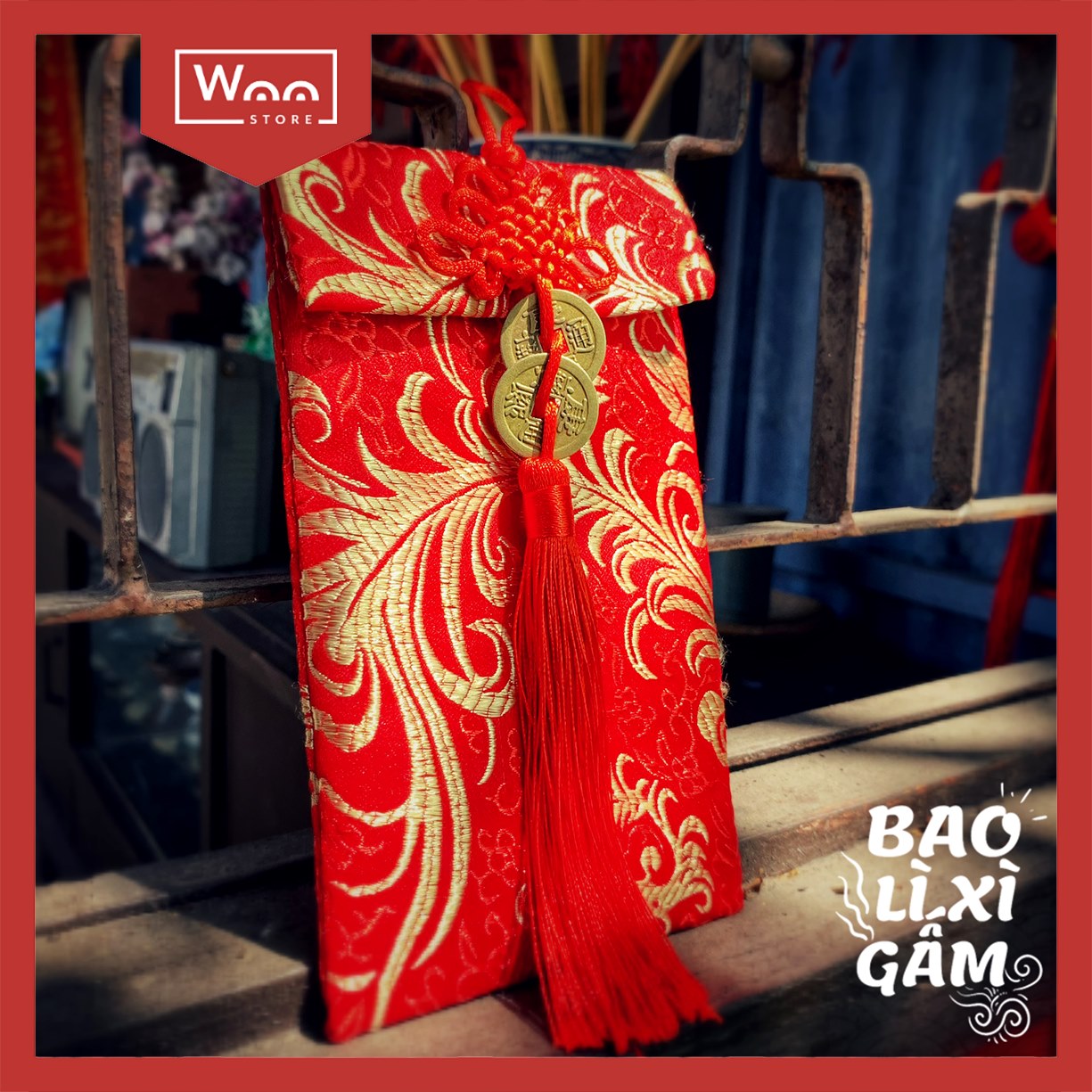Bao Lì Xì Vải Gấm Cao Cấp Đính Ngọc Bội May Mắn - Họa Tiết Phượng ĐỨng