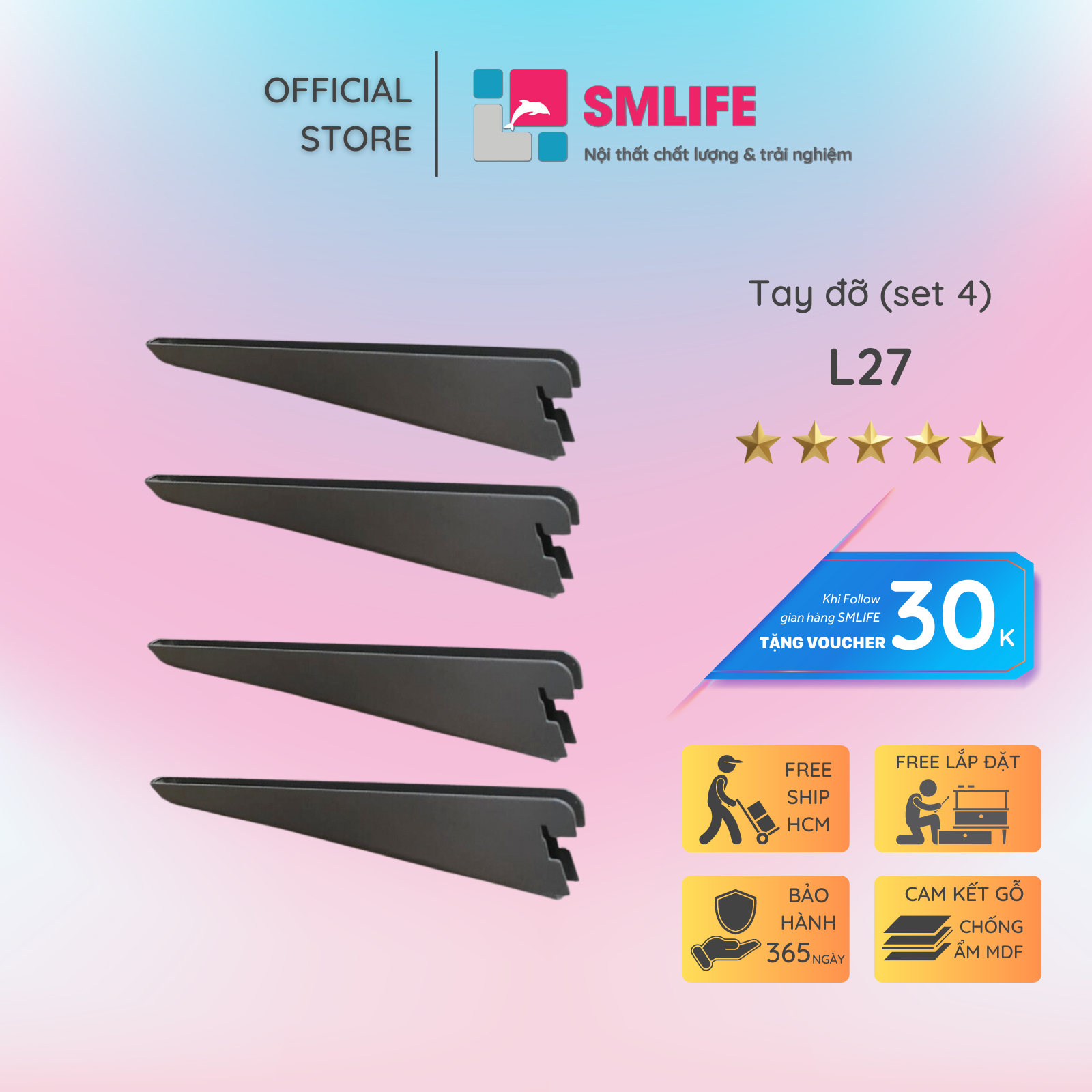 Bộ 4 Tay Đỡ Kệ Ray Tường Con Thuyền Railshelf L27 - Phụ Kiện Hệ Kệ Ray Tường Railshelf