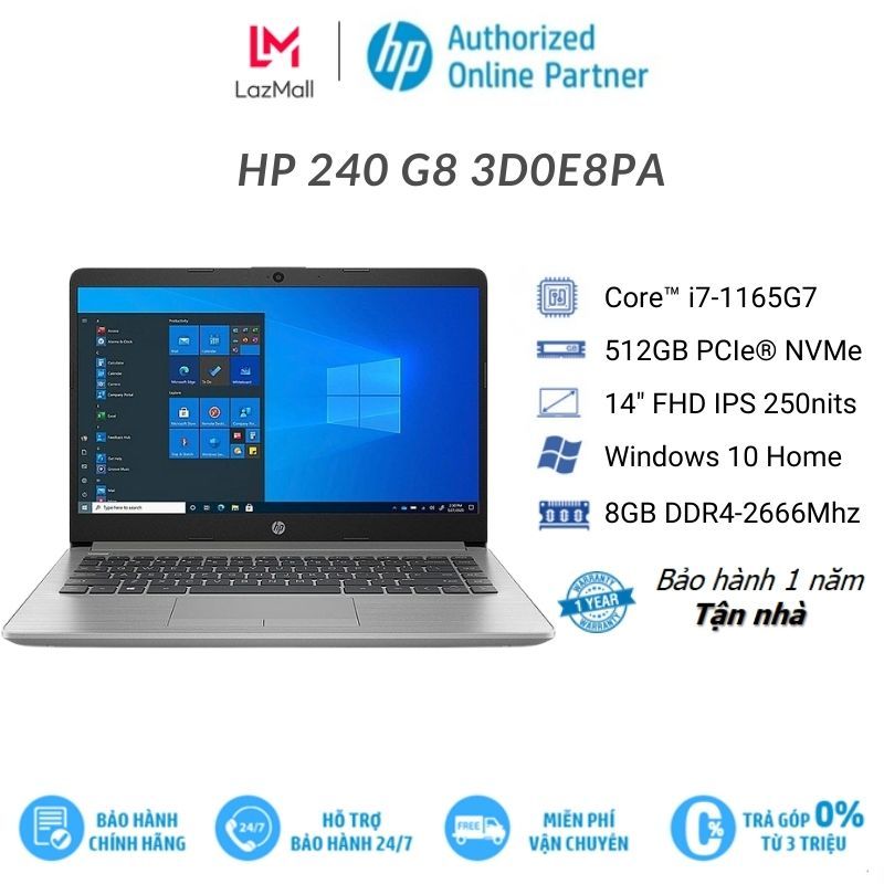 [Voucher 3 triệu]Laptop HP 240 G8 3D0E8PA |Core i7-1165G7 | 8GB DDR4 | SSD 512GB | 14 inch FHD| Win10