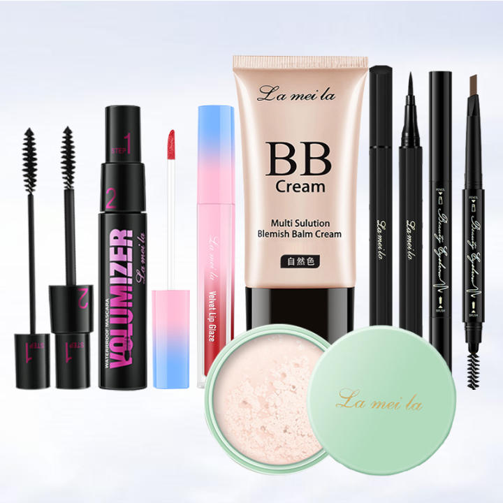 Bộ trang điểm chuyên nghiệp 6 món LaMeiLa Kem BB che khuyết điểm + Phấn phủ bột + Chì kẻ mày lâu trôi + Bút dạ kẻ mắt + Mascara 4d + Son kem lì bộ…