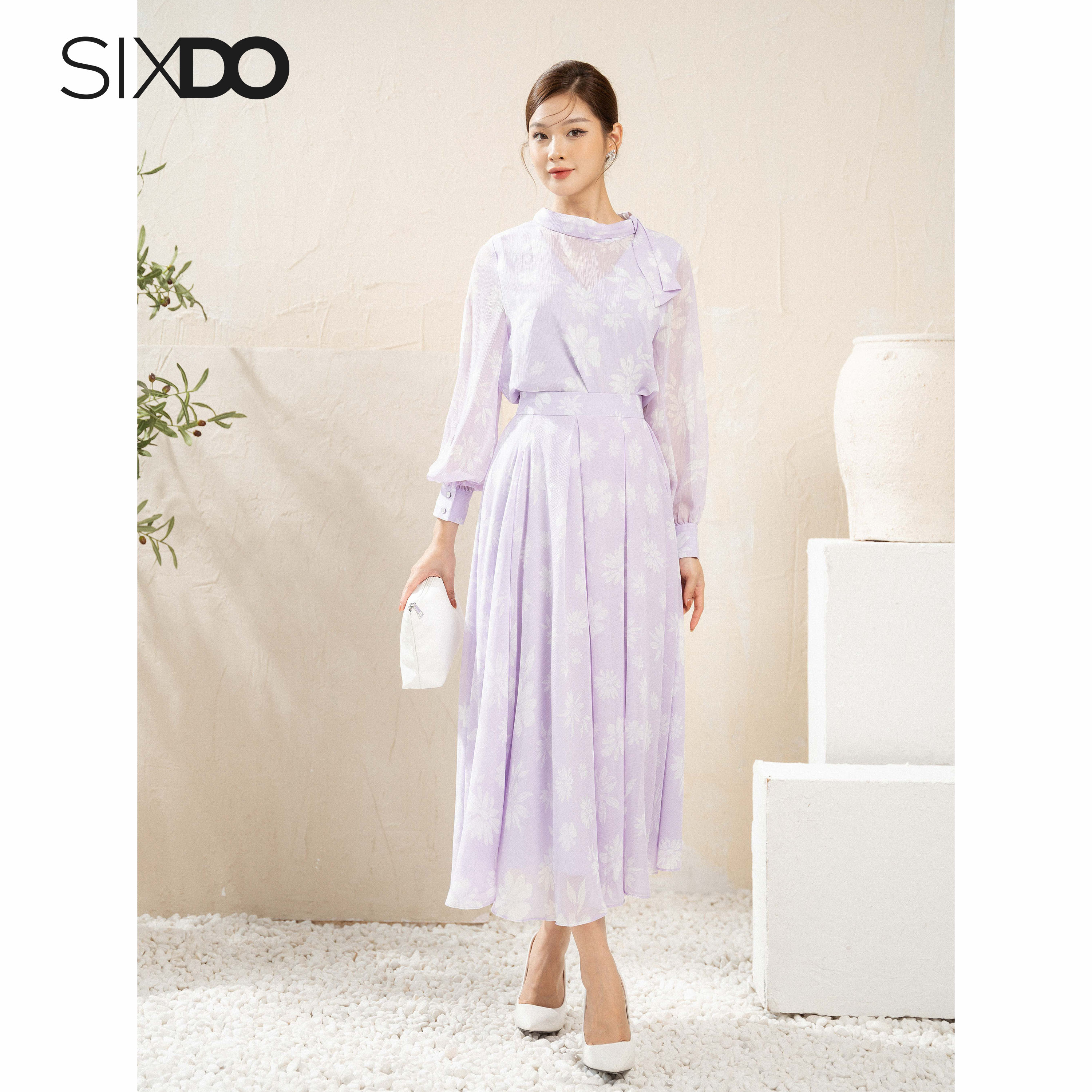Chân váy voan hoa xếp ly SIXDO (Pleated Floral Midi Voile Skirt)
