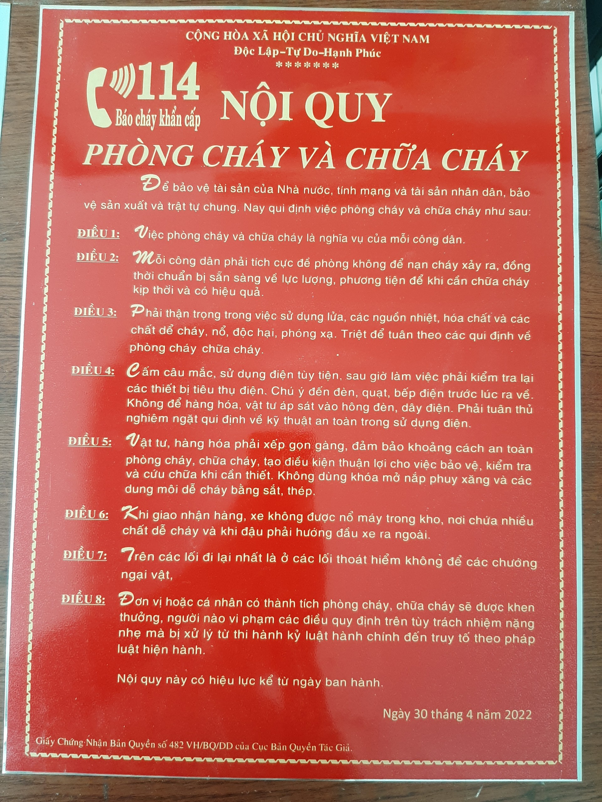 Bộ nội quy tiêu lệnh PCCC cho dãy phòng trọ ( hình thật 100%)