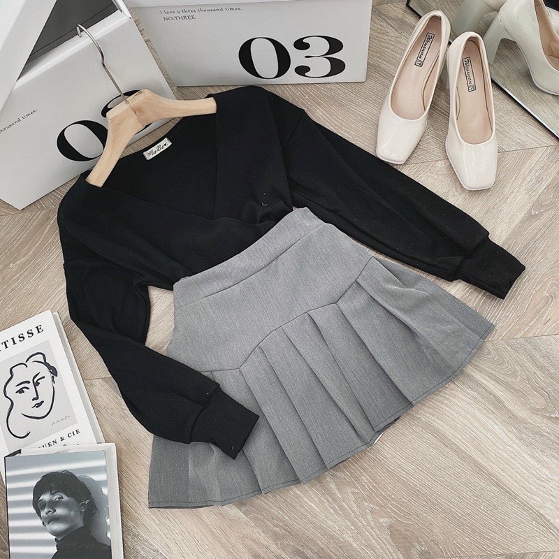 Áo len nữ dài tay cách điệu trễ vai vạt chéo  Áo chất bozip co dãn phong cách hàn quốc quyến rũ 1STCLOTHES