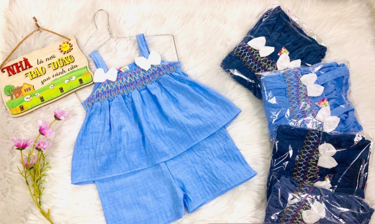 Bộ lụa tầng jean lụa phối nơ bé
