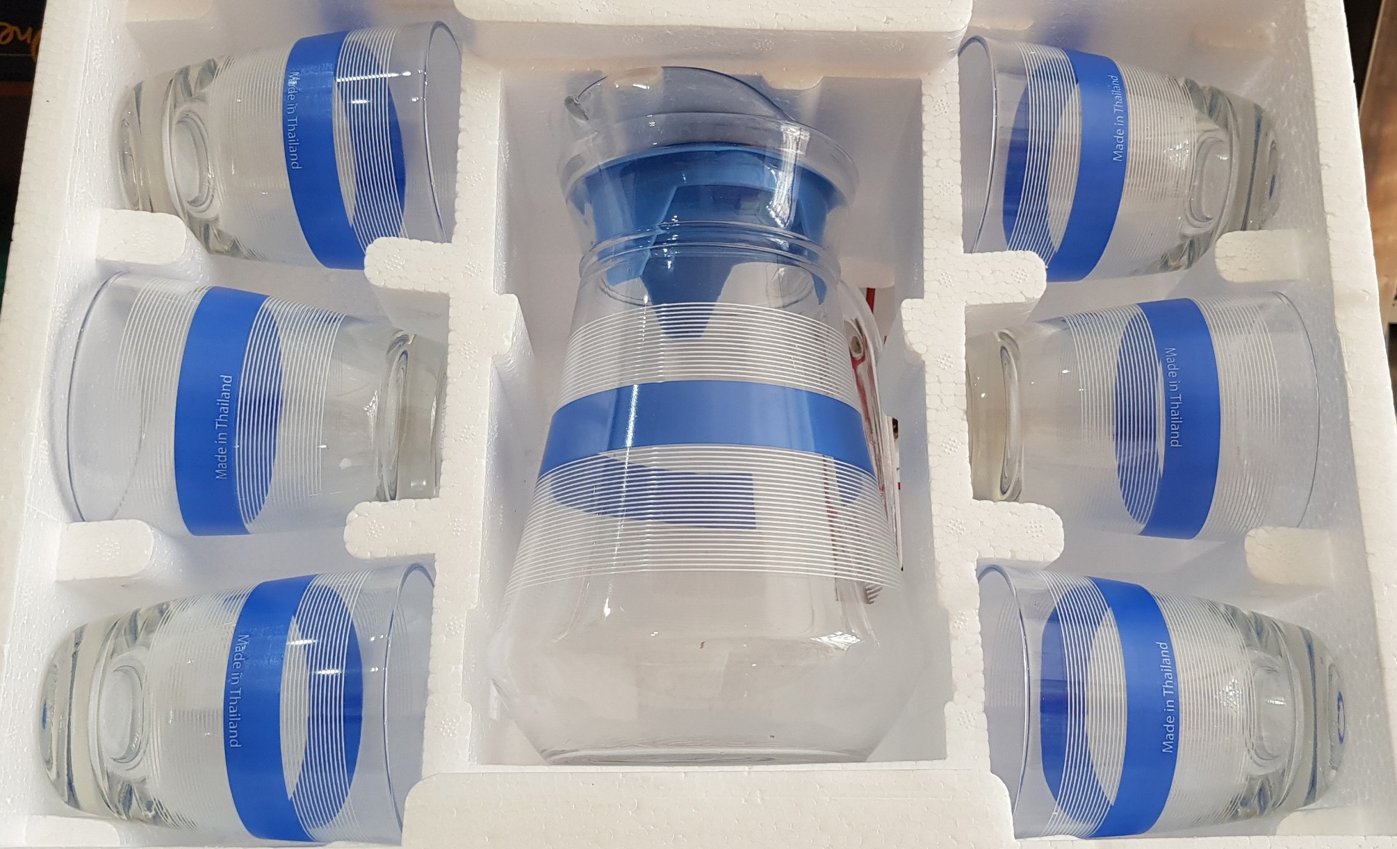 BỘ BÌNH LY THỦY TINH THÁI LAN (1 BÌNH VÀ 6 LY SỌC XANH)