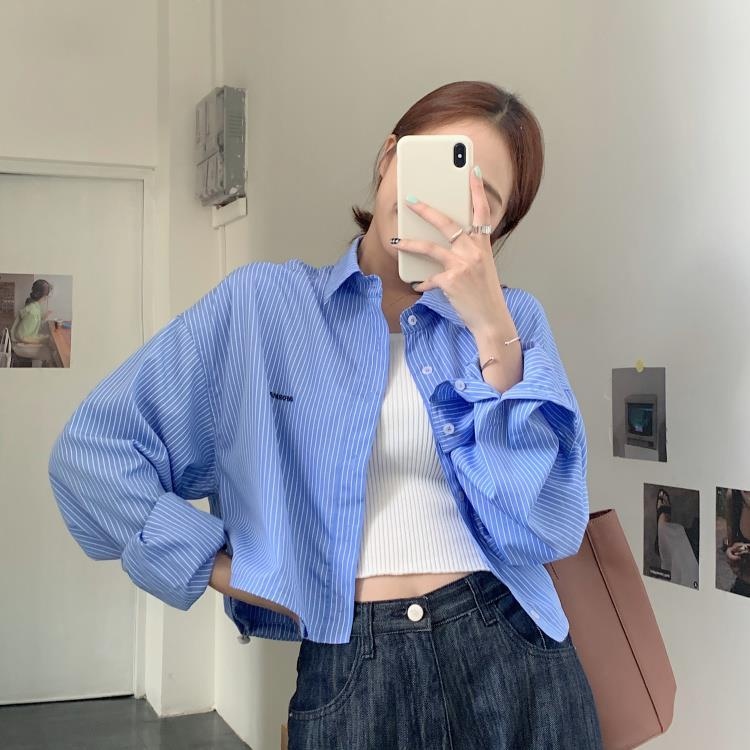 Áo sơ mi croptop tay dài kẻ sọc thêu họa tiết thời trang mùa hè xinh xắn dành cho nữ