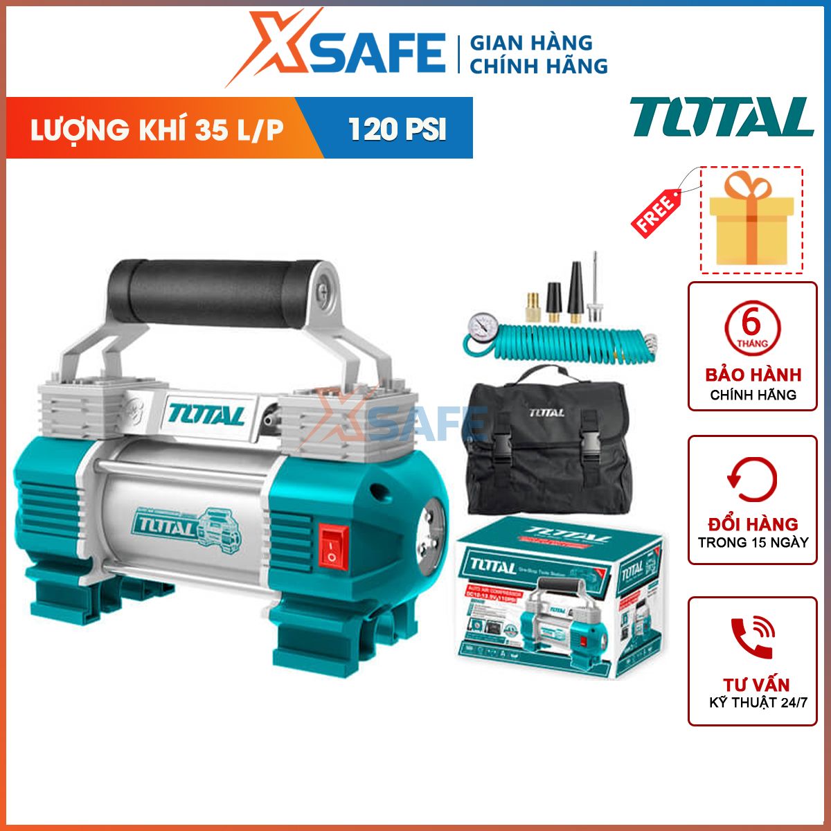 Inflatable machine tire cars total TTAC2506 | inflatable machine portable mini pressure maximum 110 psi. Air flow meter, diameter of cylinder: 30mm, Electric 12V car, ống led Air 5m, enclosed 3 LED lamp and battery clamp-genuine-xsafe