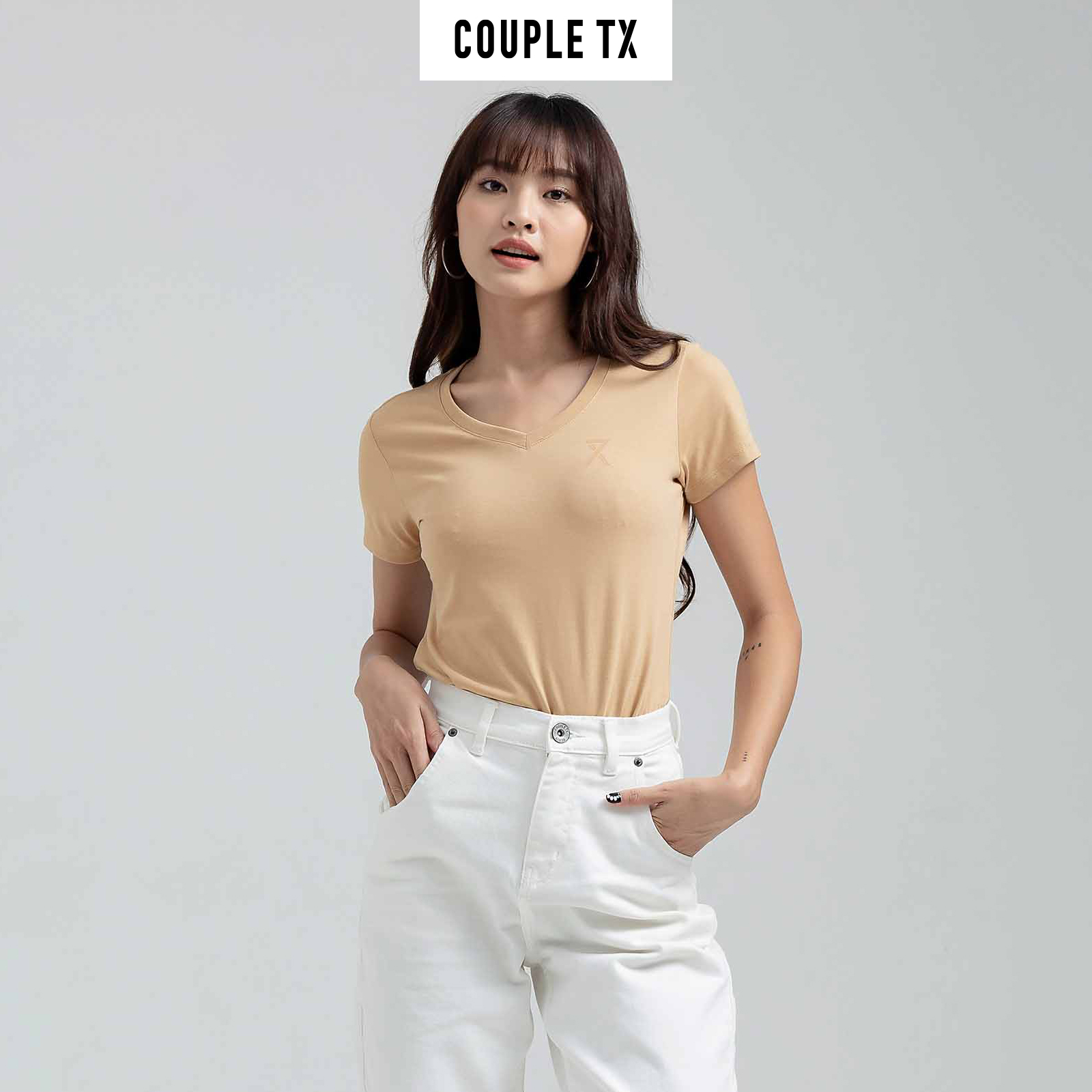 Áo Thun Nữ Cổ Tim Couple TX Basic Vải Đốm In Logo X