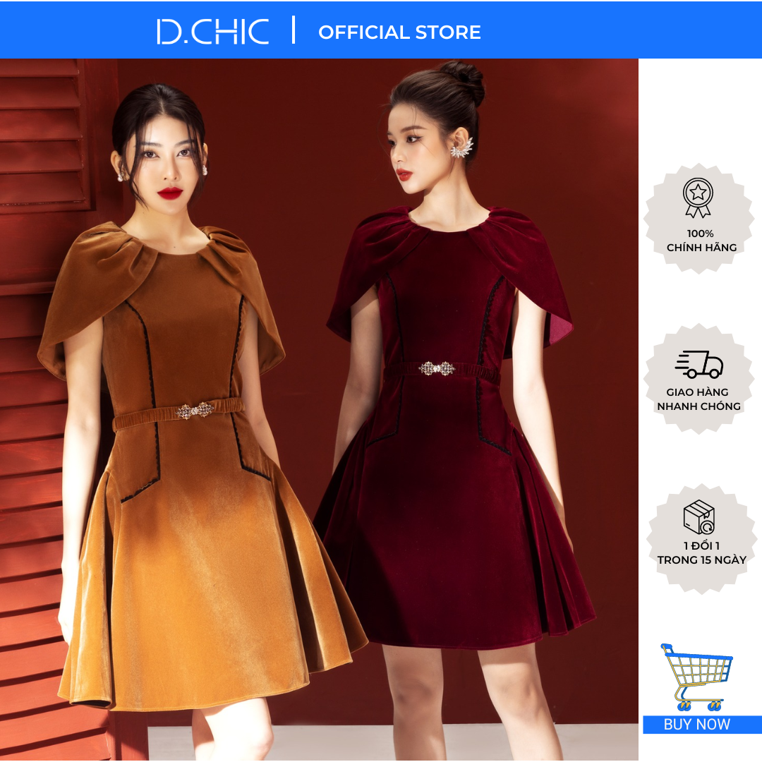 D.CHIC Đầm nhung tay kếp xếp ly eo thắt đai MS: 2813233