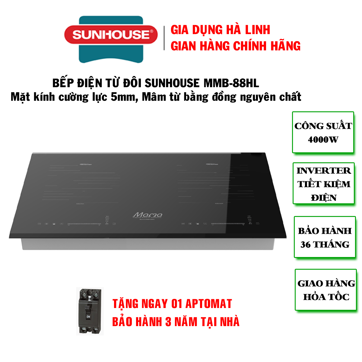 [Trả góp 0%]Bếp điện từ đôi Sunhouse Mama MMB-88HL, Mặt kính cường lực siêu bền dày 5mm, Công suất 4000W, Có inverter tiết kiệm điện, Mâm từ bằng đồng nguyên chất, Bảo hành 36 tháng tại nhà
