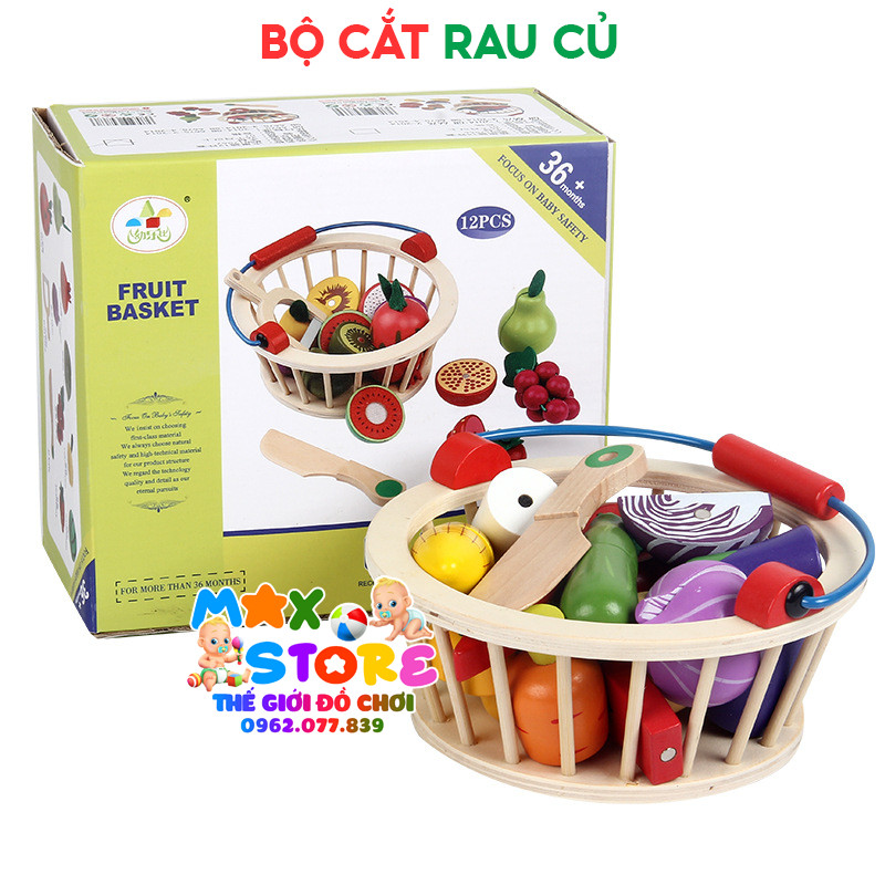 Bộ đồ chơi cắt rau củ quả bằng gỗ có nam châm và kèm giỏ đựng xinh xắn cho bé làm quen thực hành cuộc sống
