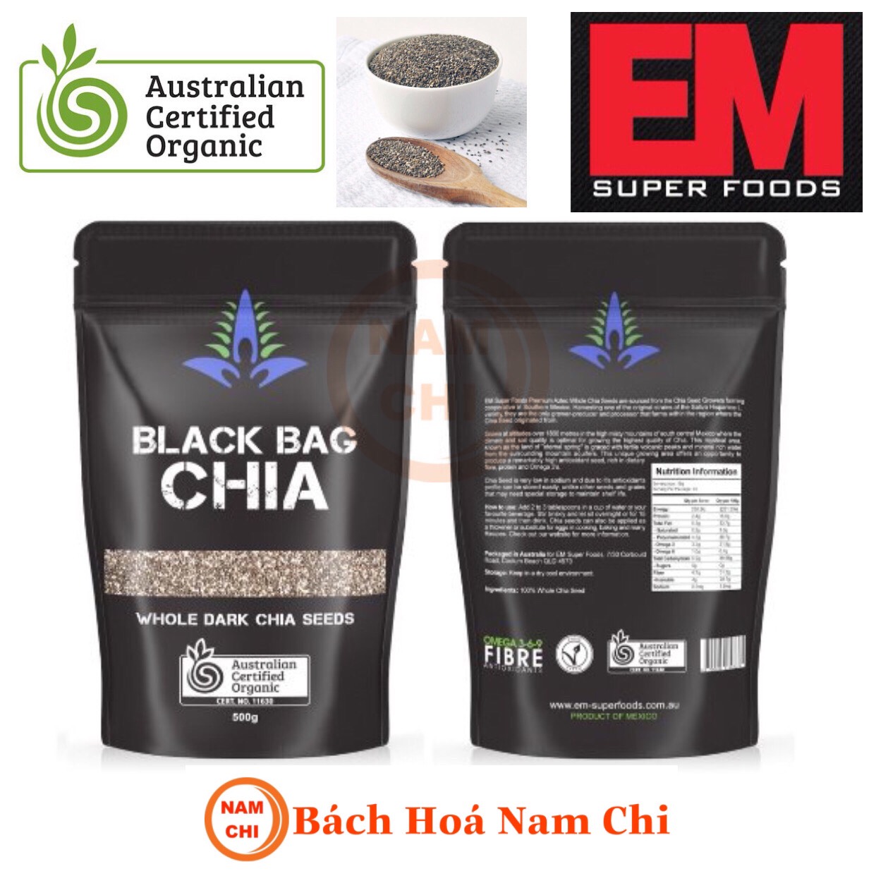 [COMBO 2 TÚI] Hạt Chia ĐEN BLACK BAG CHIA 500g EM Super Foods - Hàng Úc