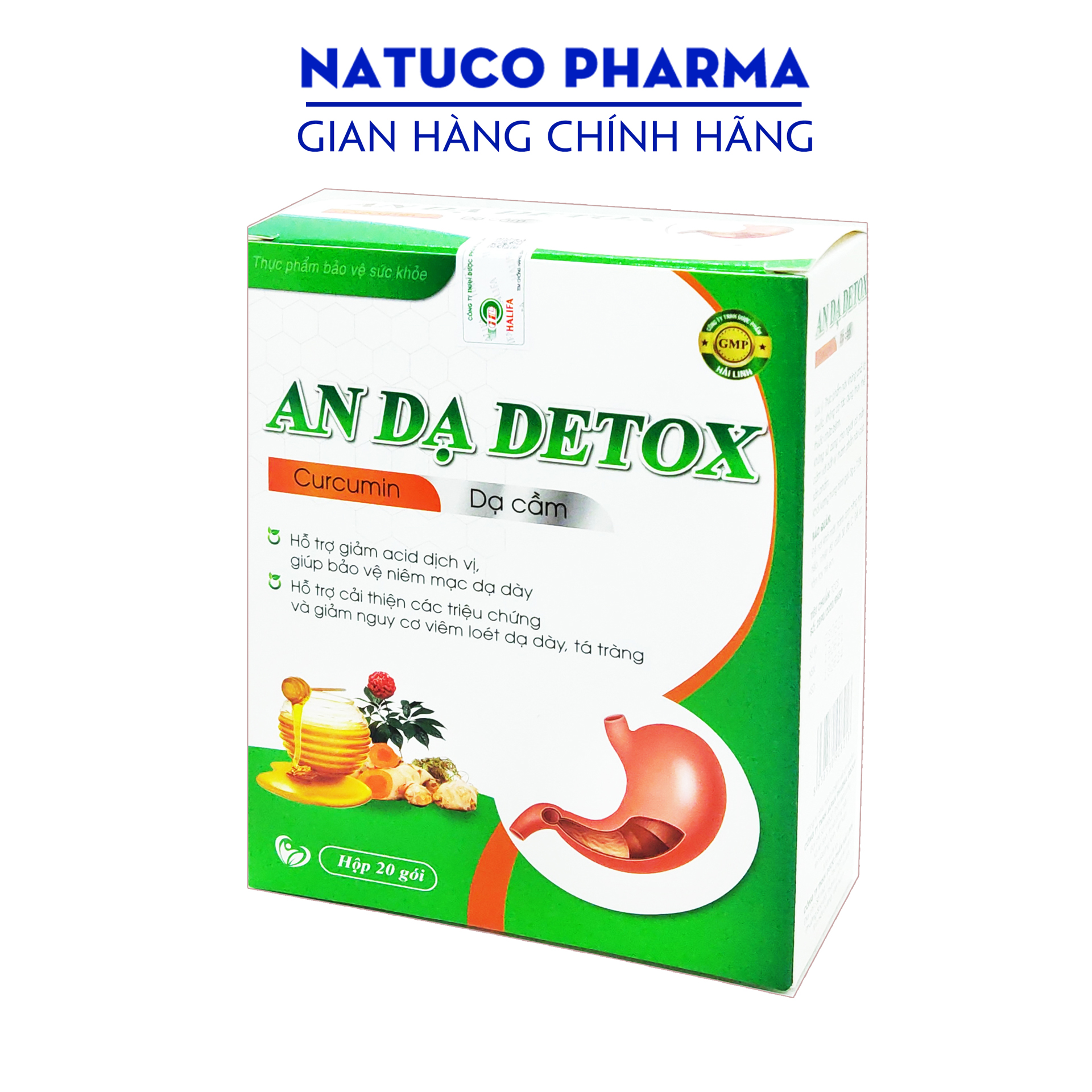 Hộp 20 gói giảm đau dạ dày An Dạ Detox - thành phần curcumin, chè dây, bình vôi...thảo dược quý giúp giảm viêm loét dạ dày tá tràng hiệu quả