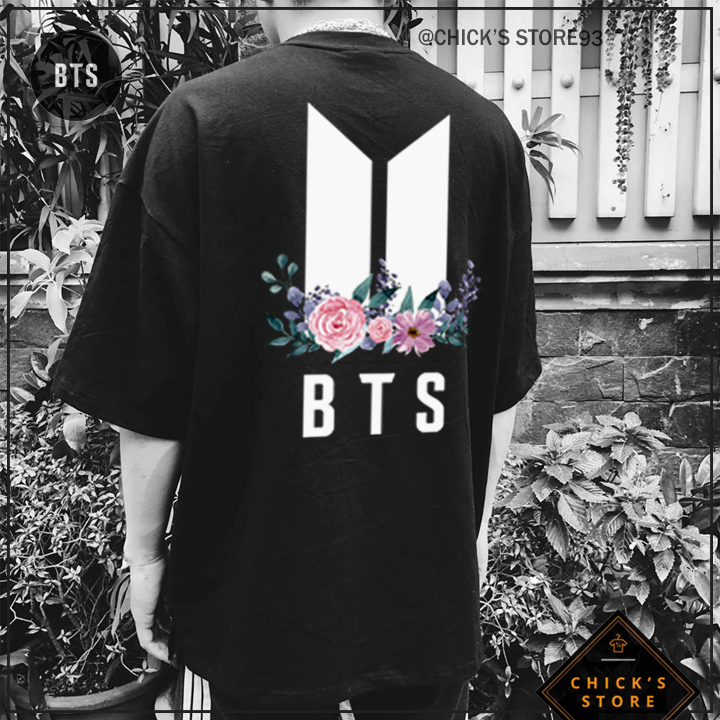 Áo thun tay lỡ BTS phối hoa (Màu đen) - Áo thun Kpop