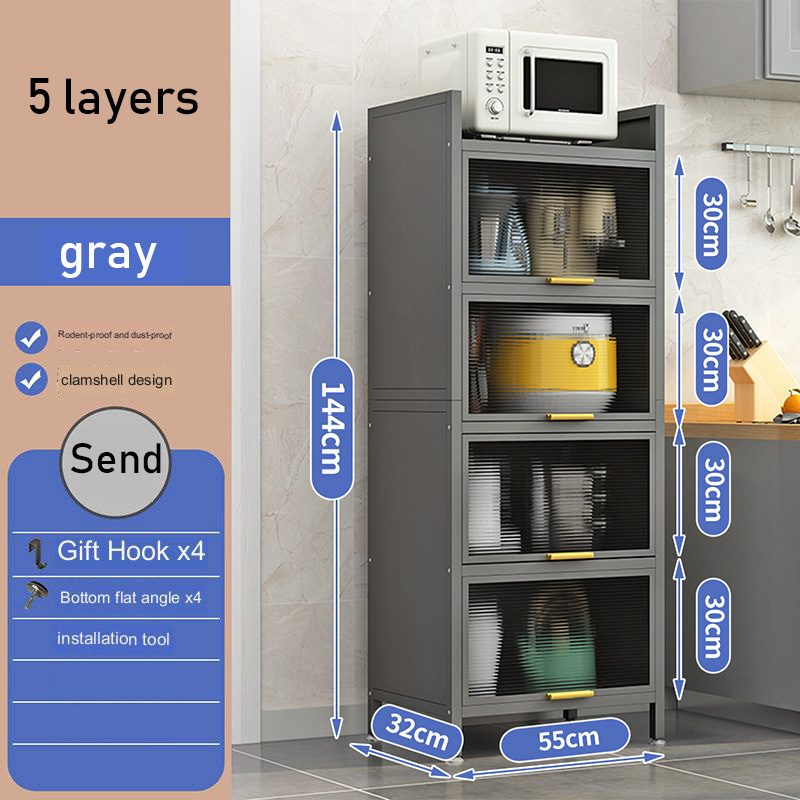 Flip lid kitchen with door, floor-to-ceiling multi-storey shelves, microwave oven, dustproof, multi-functional storage cabinet
