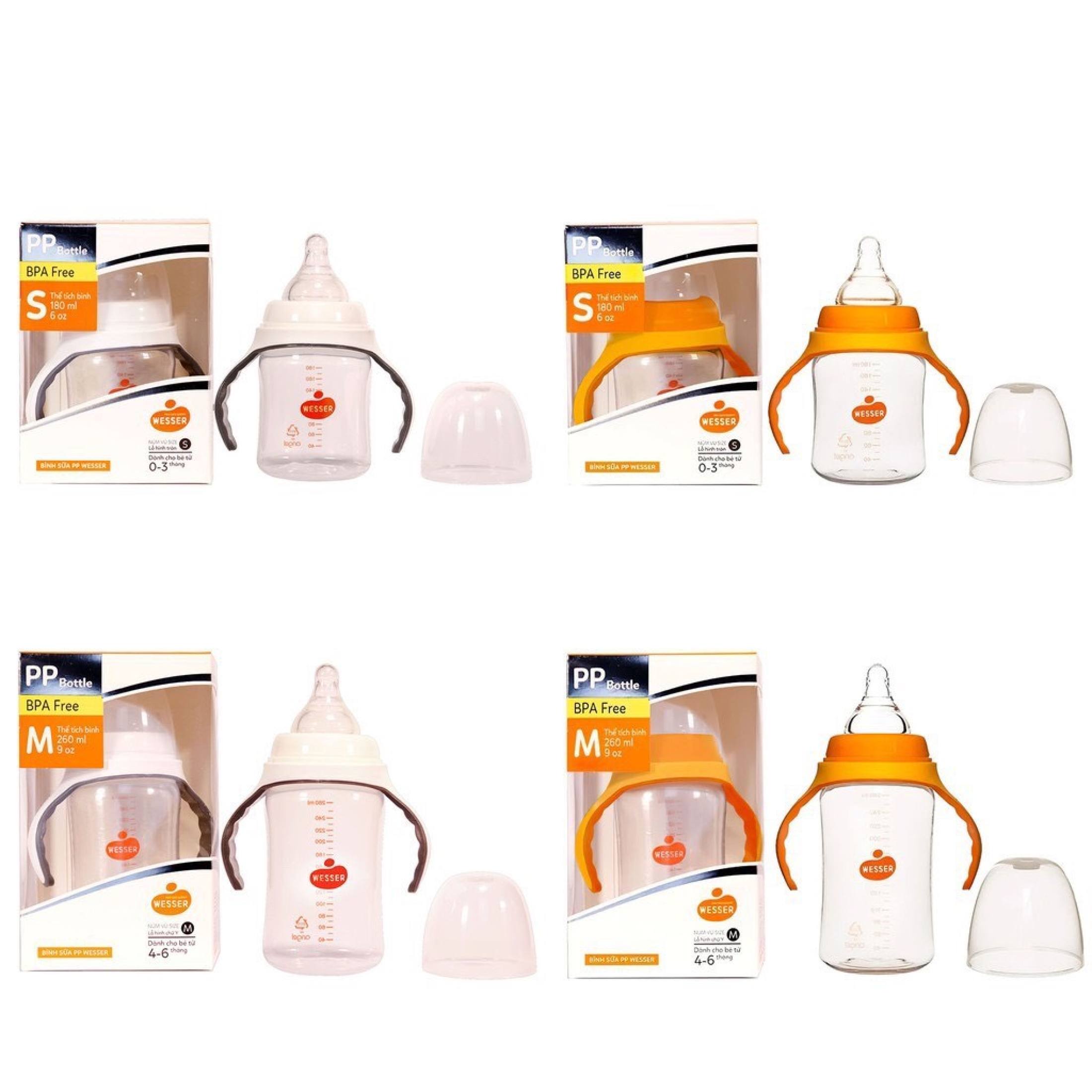 [HCM]Bình Sữa Wesser Cổ Rộng PP Mẫu Mới (Viền Cam) 180ml - 260ml