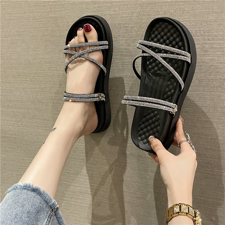 Dép Quai Dây Đính Đá Sandal Nữ Đế Độn 5cm ( Hàng QC loại 1 full box )