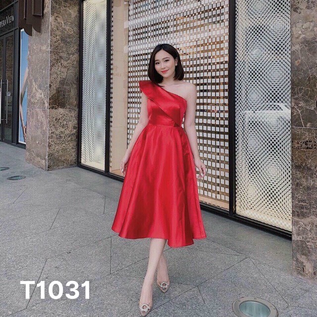 Đầm lệch vai dáng xoè phố bèo ngực chất liệu cotton lạnh T1031