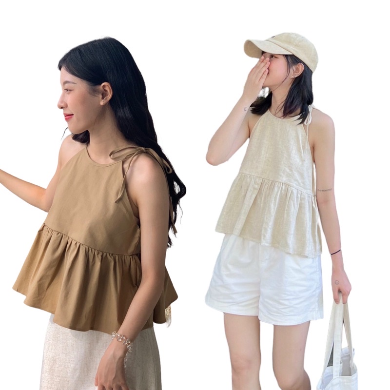 Áo 2 dây cổ yếm lollie studio tka280 dáng pepplum xòe vải linen