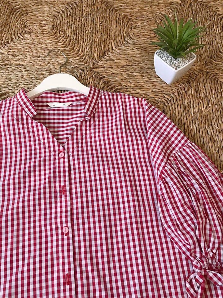 Áo cổ V tay phồng thắt nơ