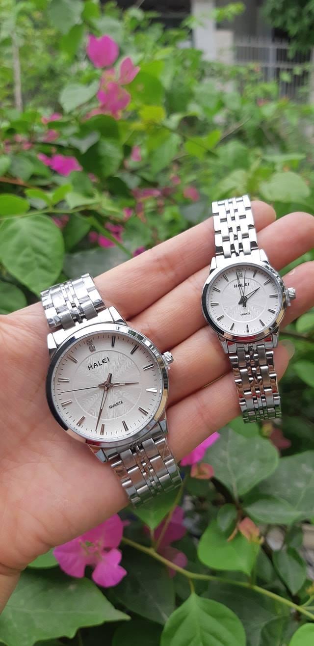 đồng hồ đôi nam nữ halei dây bạc mặt trắng chống nước HLR552
