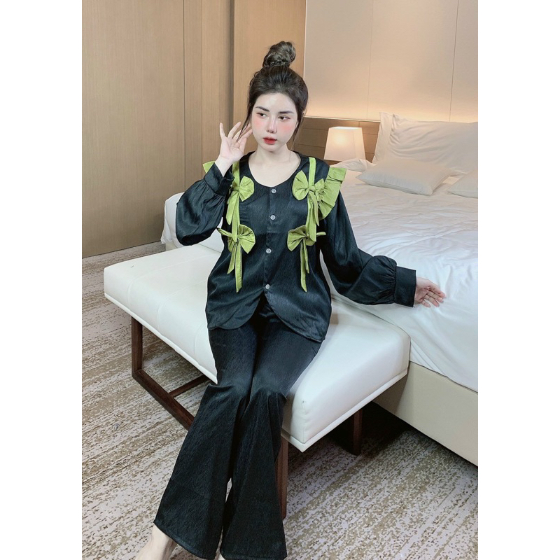 Đồ Ngủ Pyjama Nữ Tay Dài Quần Dài Chất Lụa Xước Cao Cấp Freesize