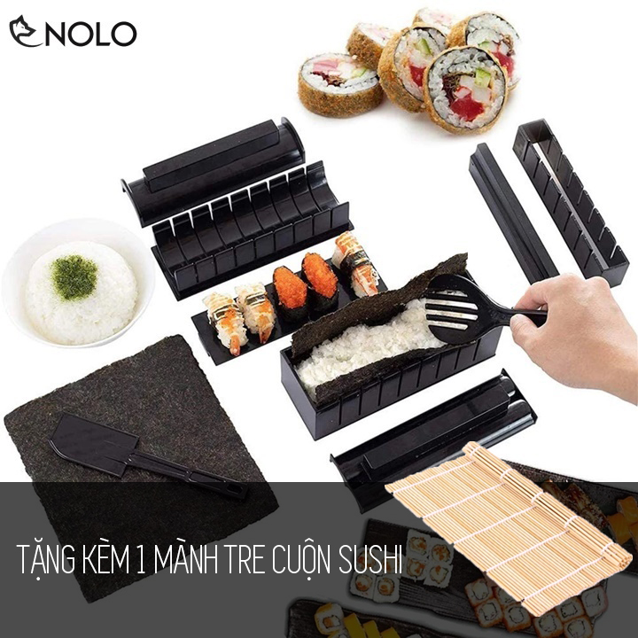 Bộ dụng cụ khuôn làm sushi cơm cuộn kimbap 10 món chất liệu nhựa pp tặng kèm 1 mành tre cuộn sushi