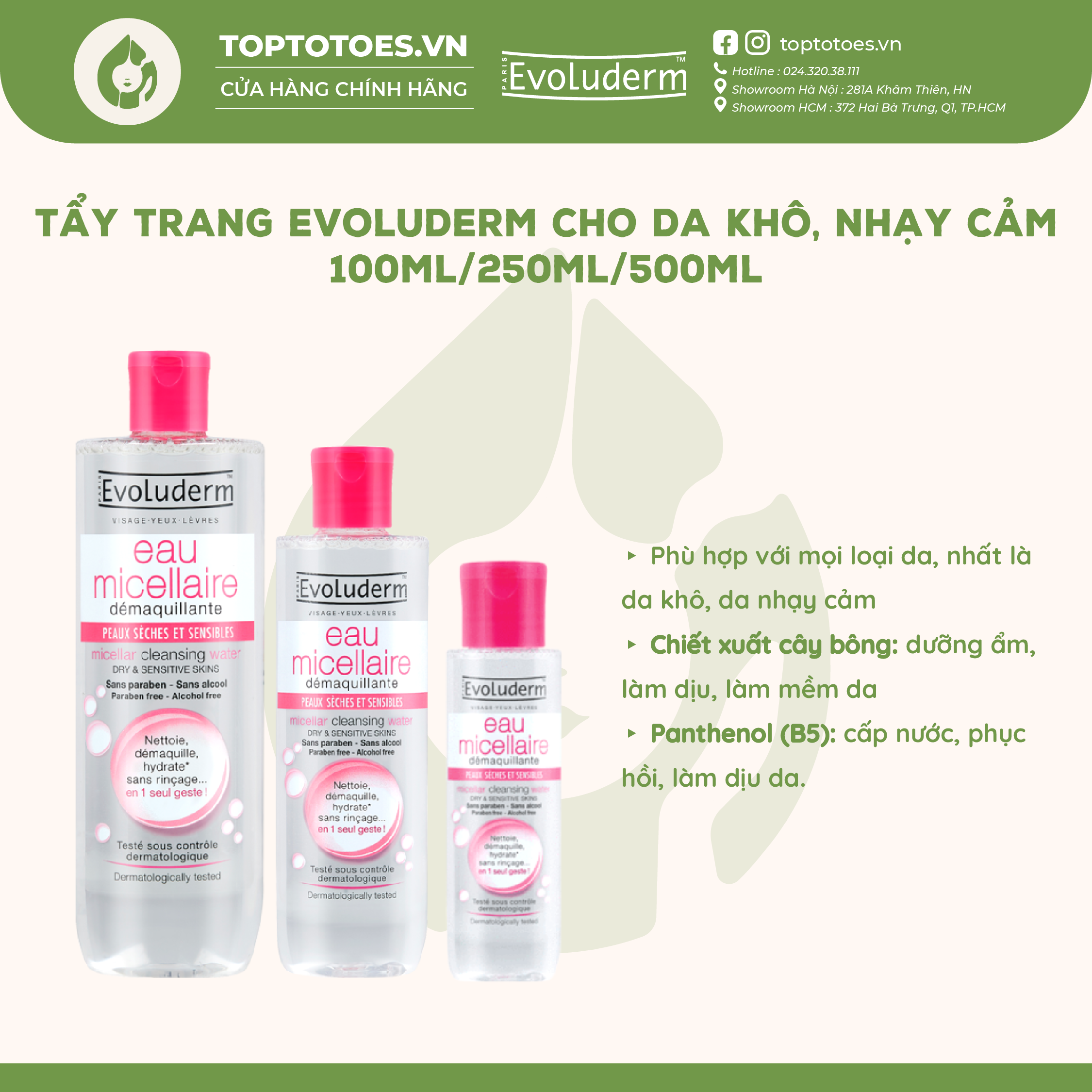 Nước tẩy trang Evoluderm Eau Micellaire 100ml/250ml/500ml