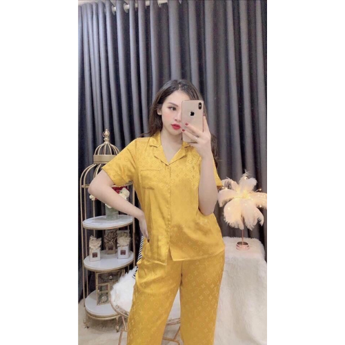 Bộ Pijama Cao Cấp Chất Lụa Gấm Tay cộc - Quần Dài