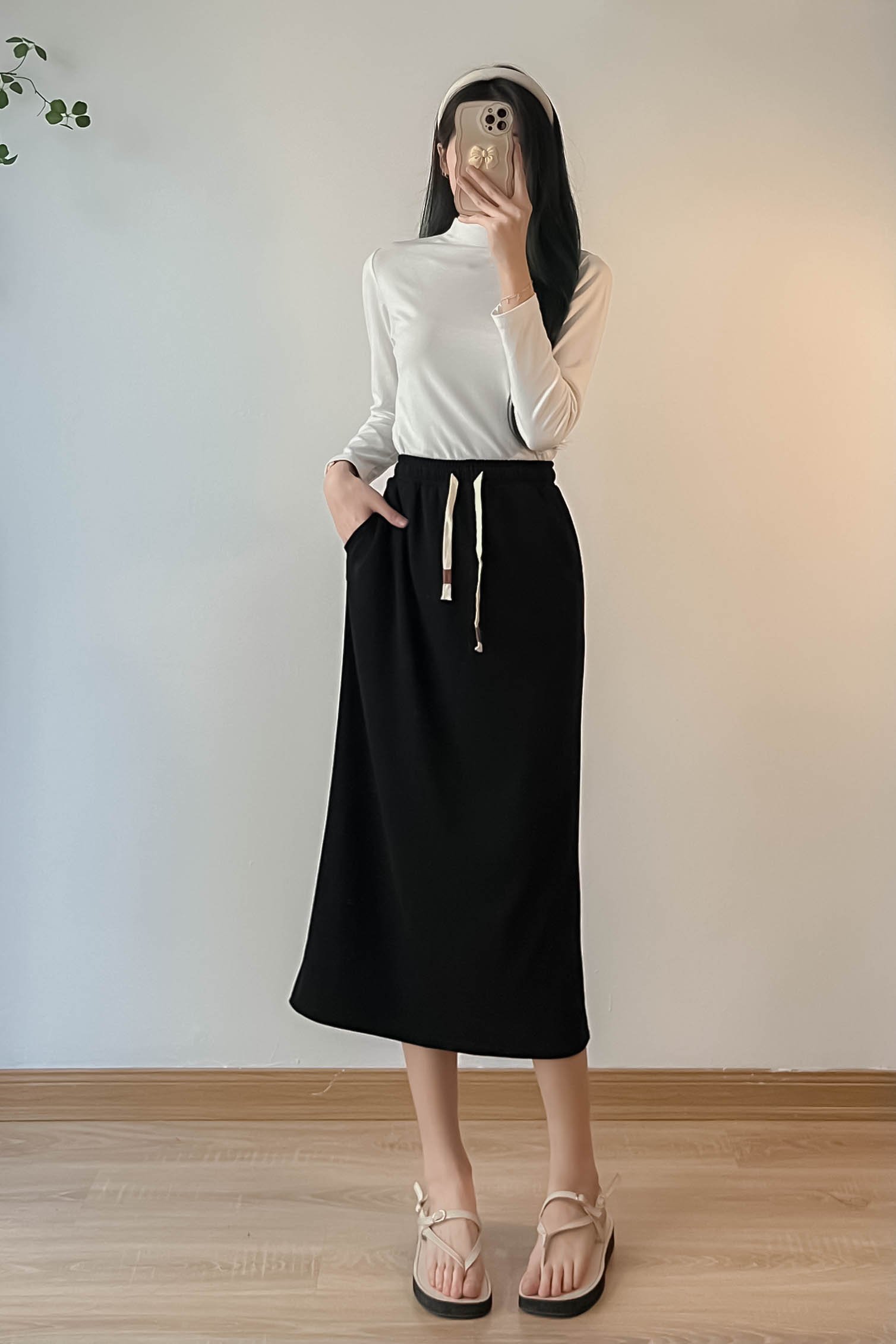 Chân váy nỉ tăm cạp chun phối dây rút - 247StoreFashion - Chanvaytam255_P5K1