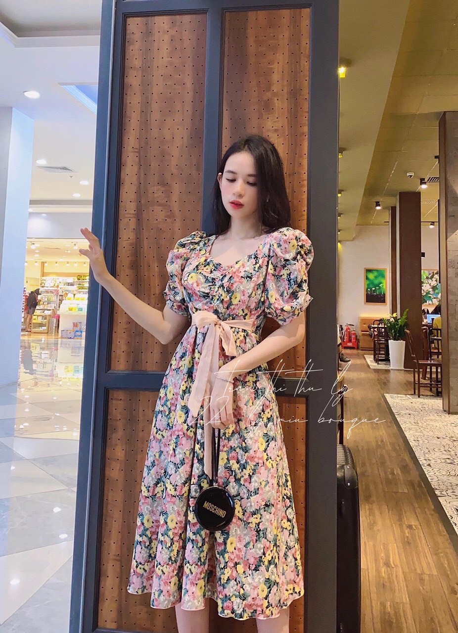 Đầm voan hoa vintage hot trend nhún ngực và tay thắt nơ bụng tiểu thư ttsa0652