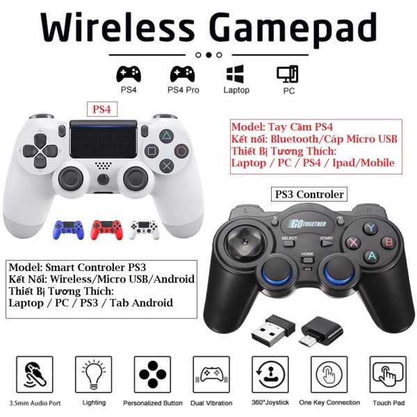 Tay Cầm PS4 🔥 Gamepad Không dây Smart Controler / PS4 cho PC / Laptop / Macbook / điện thoại Android / IOS / Tab / Ipad - Tay PS4, Tay cam PS 4