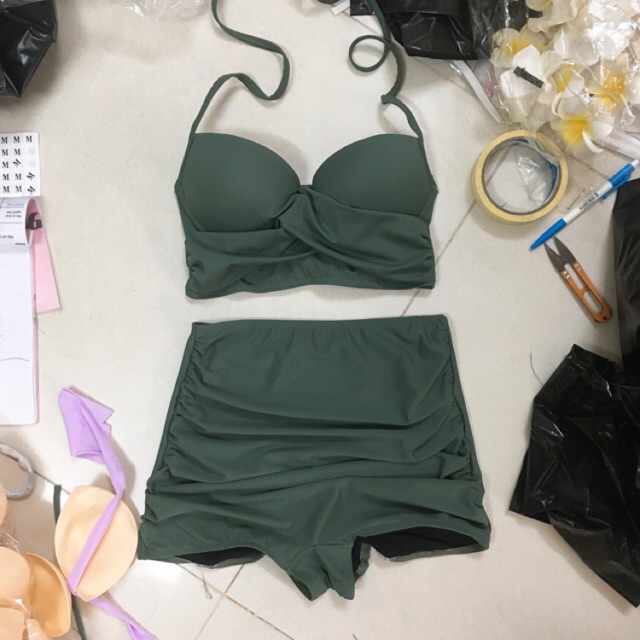 Bikini 2 mảnh áo crop xoắn nâng ngực mix quần short nhún kín đáo