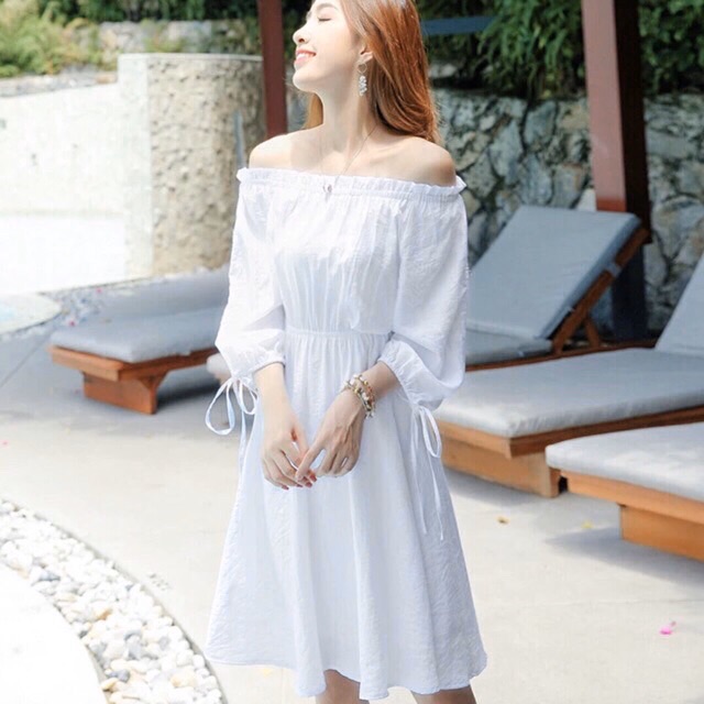 Đầm trễ vai tay rút dây 2 màu